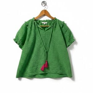 THML Peasant Blouse Short Sleeve Tassel Collar Ruffle Green Womens M